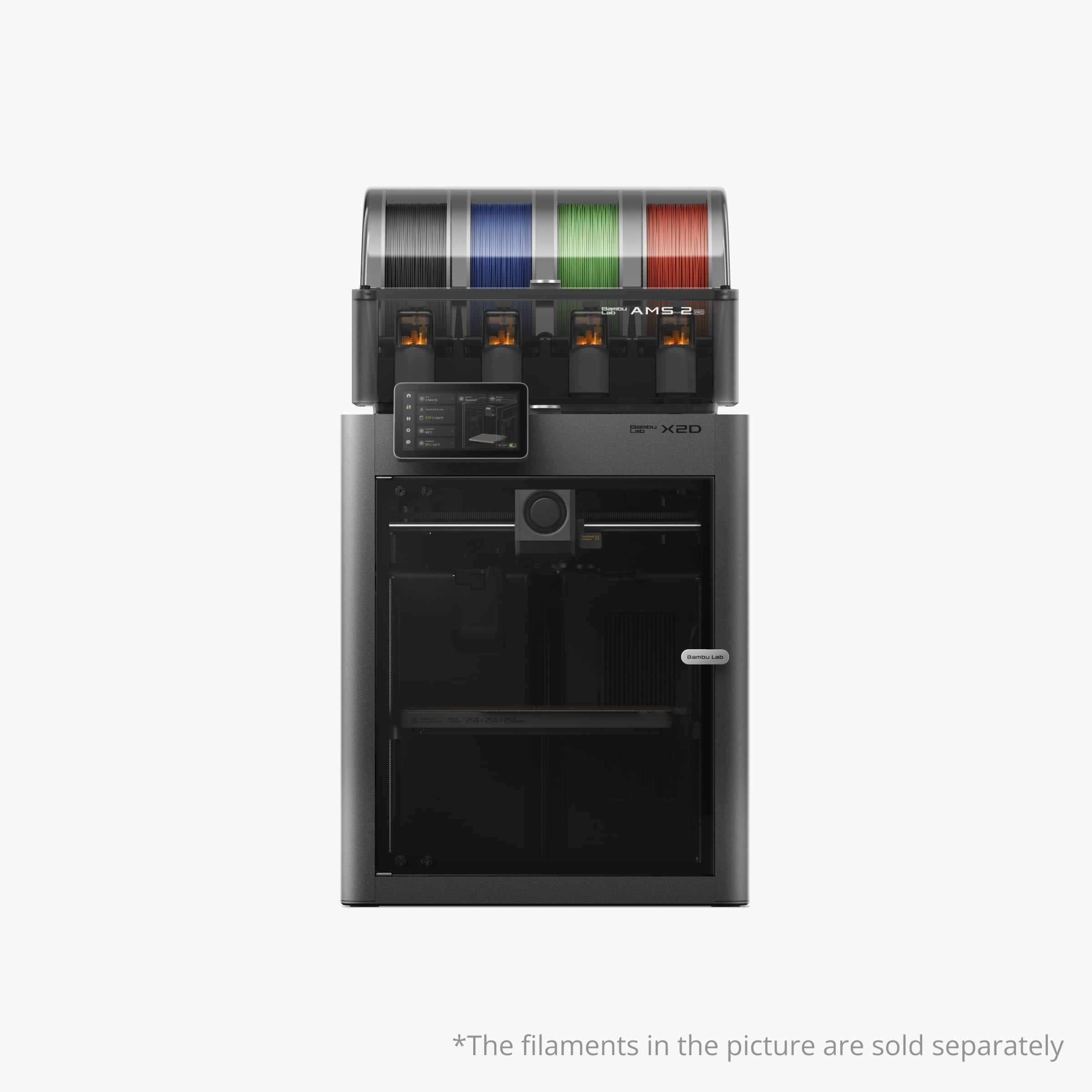 Bambu Lab X2D 3D Printer Side View Bambu Lab X2D 3D Printer side profile with AMS 2 Pro unit on top